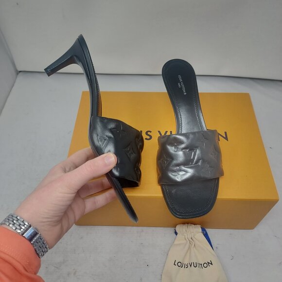 LOUIS VUITTON Monogram Black Embossed Revival Heel Sandal - Picture 1 of 12